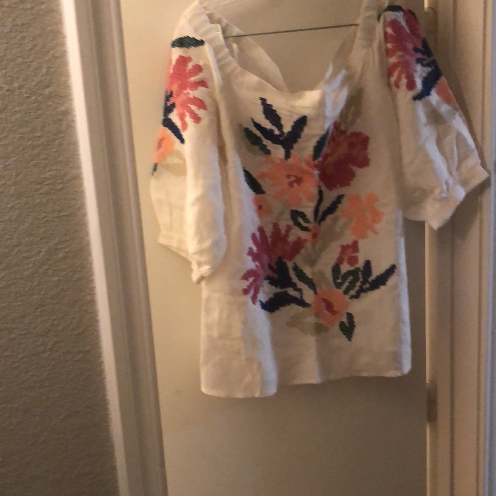 Ann Taylor, New, White Off Shoulder Linen Blend Embroidered Floral Top, XL